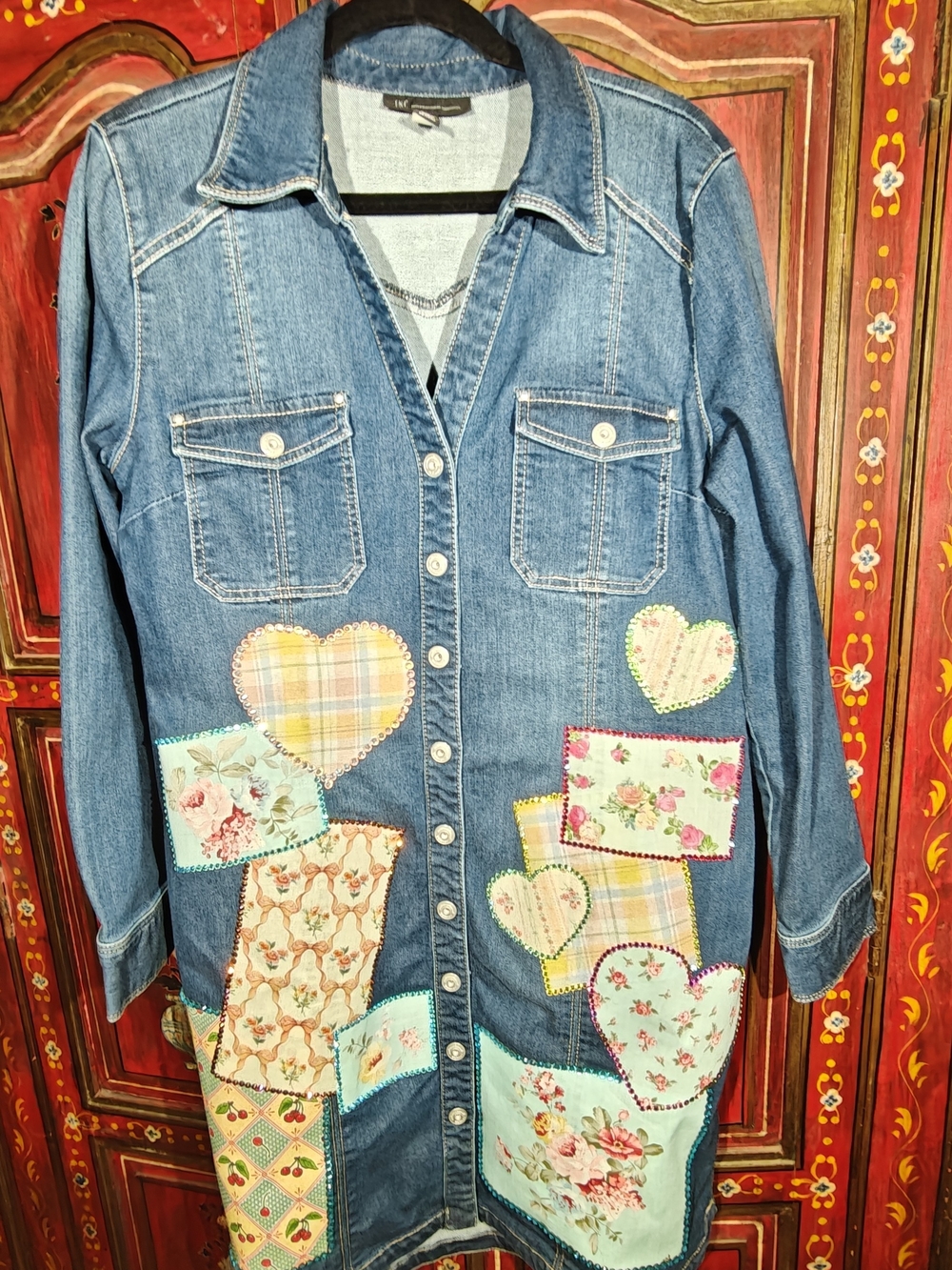 Upcycled Denim INC Macy's Trench with Flowers Cherubs Real Rhinestones 14